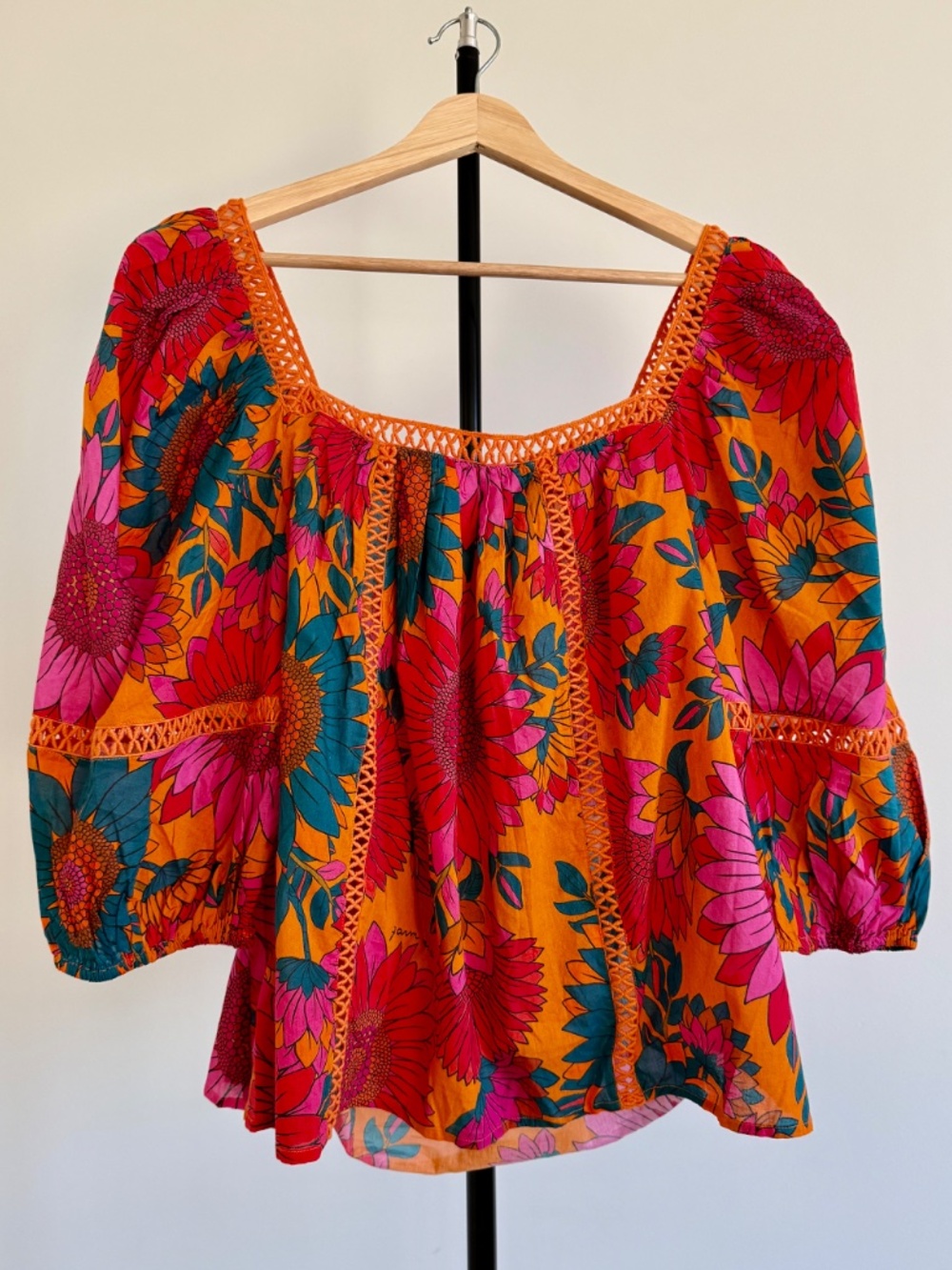FARM RIO Floral Boho Blouse Crochet Lace Puff Sleeve Top - NEW